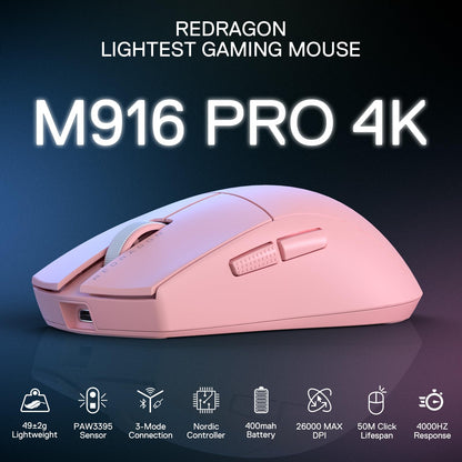 Redragon M916 PRO Wireless Gaming Mouse - 4K Polling Rate, 26K DPI, Ergonomic Grip, Pink