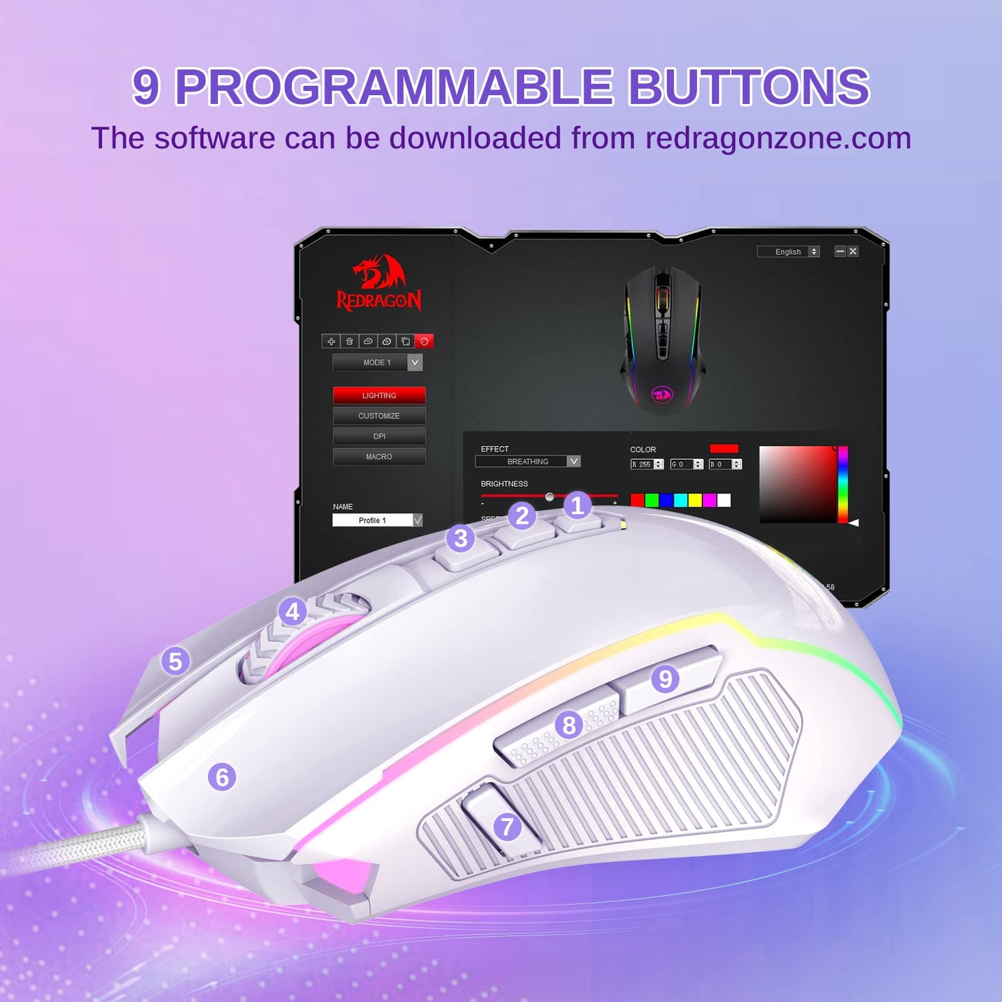 Redragon M910-W Wired Gaming Mouse, RGB Backlit, 8000 DPI, 9 Macro Buttons, White