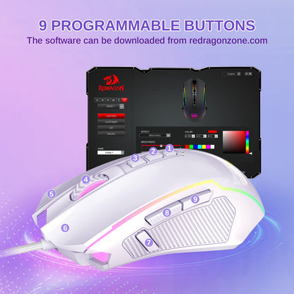 Redragon M910-W Wired Gaming Mouse, RGB Backlit, 8000 DPI, 9 Macro Buttons, White