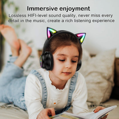 SIMGAL Bluetooth Cat Ear Headphones, Wireless/Wired, Foldable, Kids Size, Black, Model B90, RGB LED Light, Clear Sound Quality