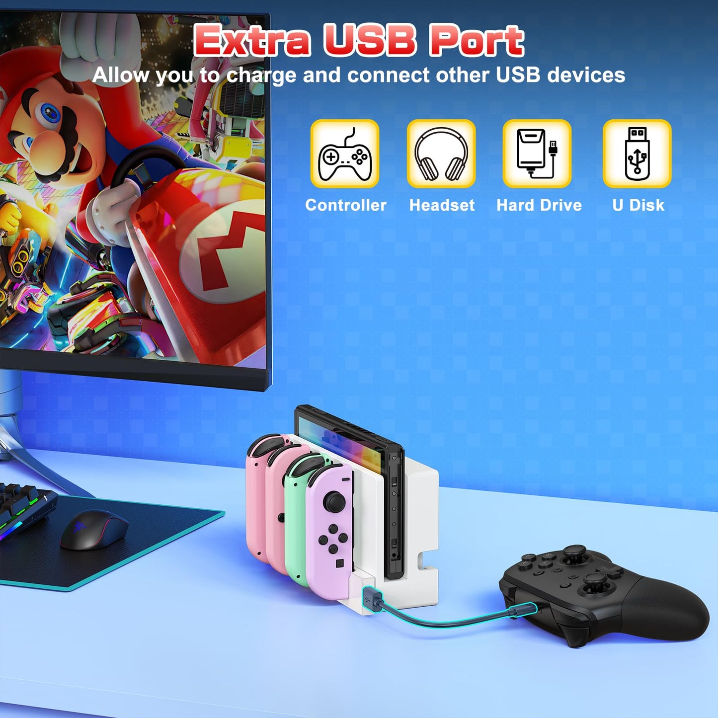 Klipdasse Charging Dock for Nintendo Switch & OLED Model – LED Indicator, Charges 4 Joycons, Blue-White, Model NT170DW