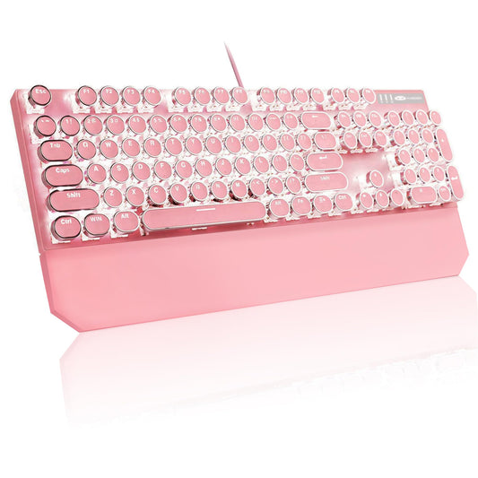 MageGee Typewriter Mechanical Gaming Keyboard  Retro Pink Punk Round Keycaps LED White Backlit Wired Keyboards with Detachable Wrist Rest for Game and Office  for Windows Laptop PC Mac - Blue Switches