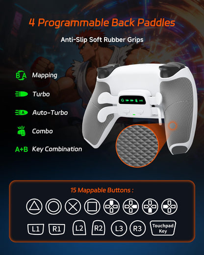CHARM FOCUS PS5 Controller with 4 Remappable Paddles, Anti-Drift Joysticks, 2100mAh Battery, Ergonomic Grip, White, Model CF-M502