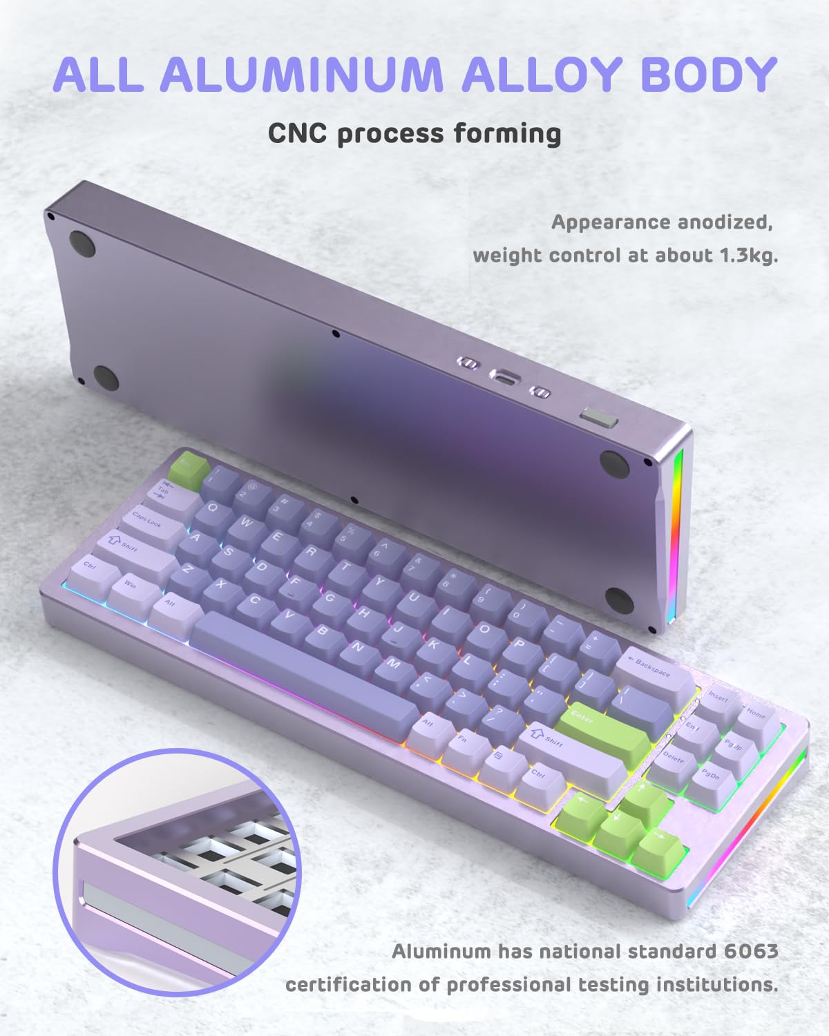ATTACK SHARK M71 Wireless Mechanical Keyboard, 75% TKL, RGB LED, Hot-swap, 13.78" x 4.53", Lavender/Linear White Jade Switch