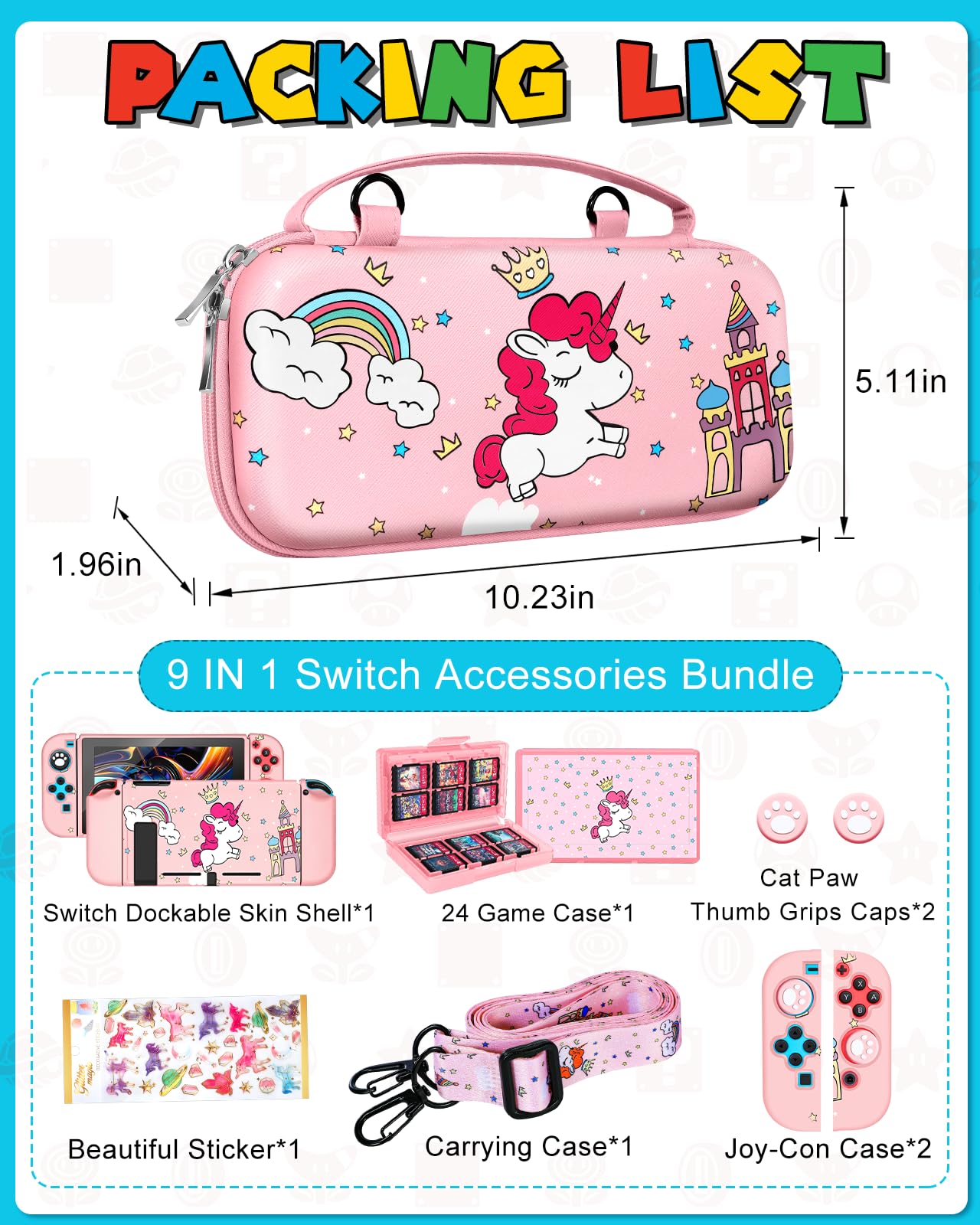 Gurgitat 9-in-1 Unicorn Switch Case Bundle for Nintendo Switch - Pink, Includes Game Holder, Grip, Skin, Strap & Sticker