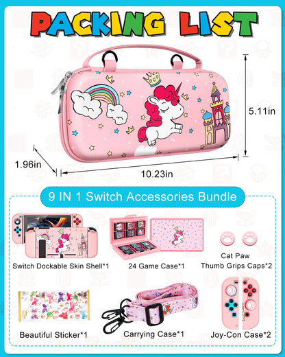 Gurgitat 9-in-1 Unicorn Switch Case Bundle for Nintendo Switch - Pink, Includes Game Holder, Grip, Skin, Strap & Sticker