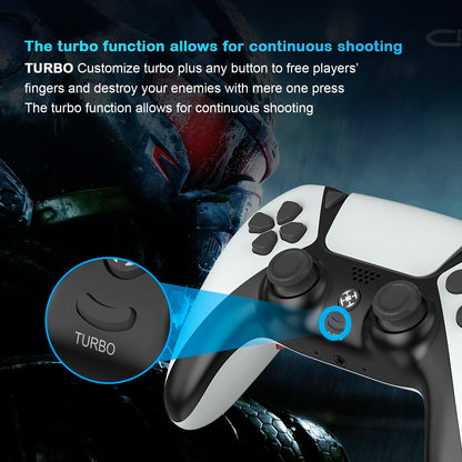 larytech Wireless Game Controller for PS5 - 6-Axis Gyro, Turbo, Dual Vibration, White