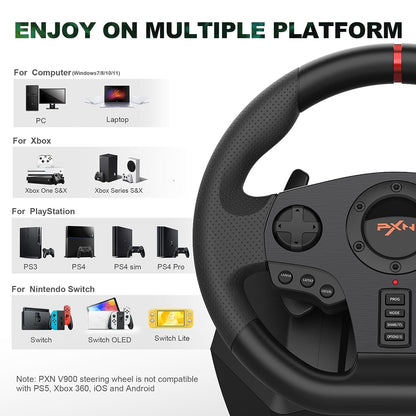 PXN V900 Racing Wheel - 270°/900° Rotation, Black, Gaming Steering Wheel with Pedals for PC, PS4, PS3, Xbox Series X|S, Xbox One