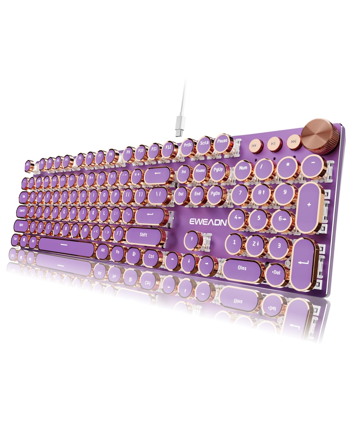EWEADN Typewriter Style Mechanical Keyboard  Wired Typewriter Keyboards 104 Keys Backlit LED Metal Keyboards  Media Control Knob  Wired Computer Keyboard Pink Switch for Windows/Mac/PC-Purple
