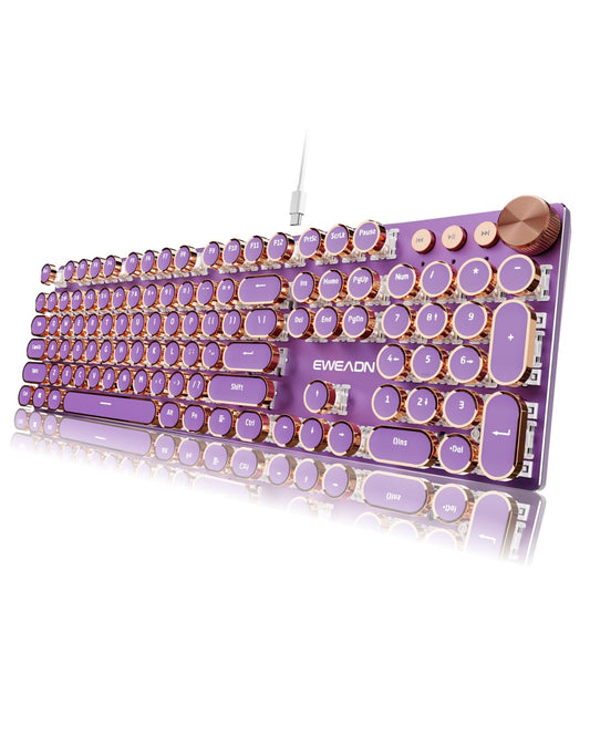 EWEADN Typewriter Style Mechanical Keyboard  Wired Typewriter Keyboards 104 Keys Backlit LED Metal Keyboards  Media Control Knob  Wired Computer Keyboard Pink Switch for Windows/Mac/PC-Purple