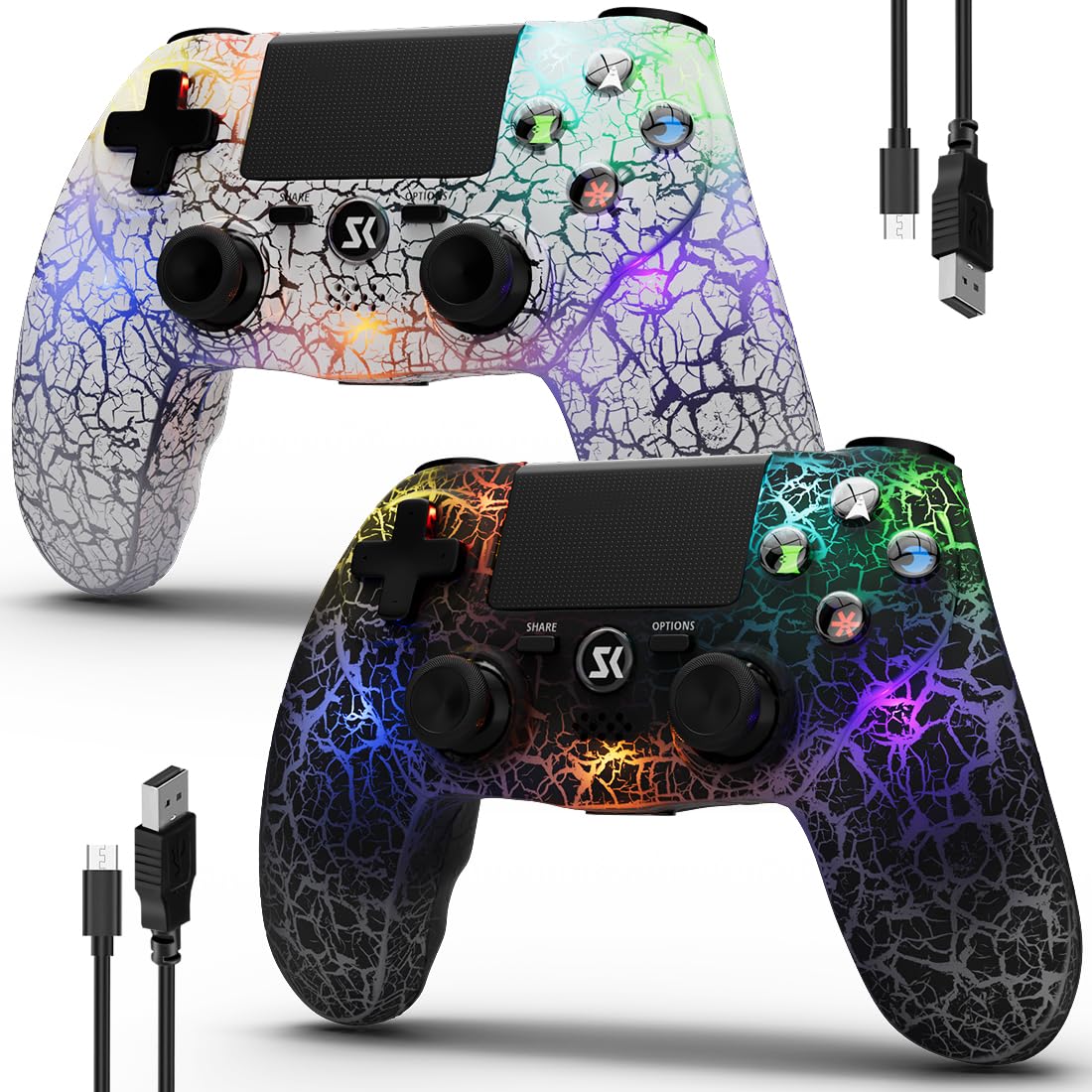 CHENGDAO Wireless PS4 Controllers, 2 Pack with RGB Light, 1000mAh Battery, 6-Axis Motion, Black & White