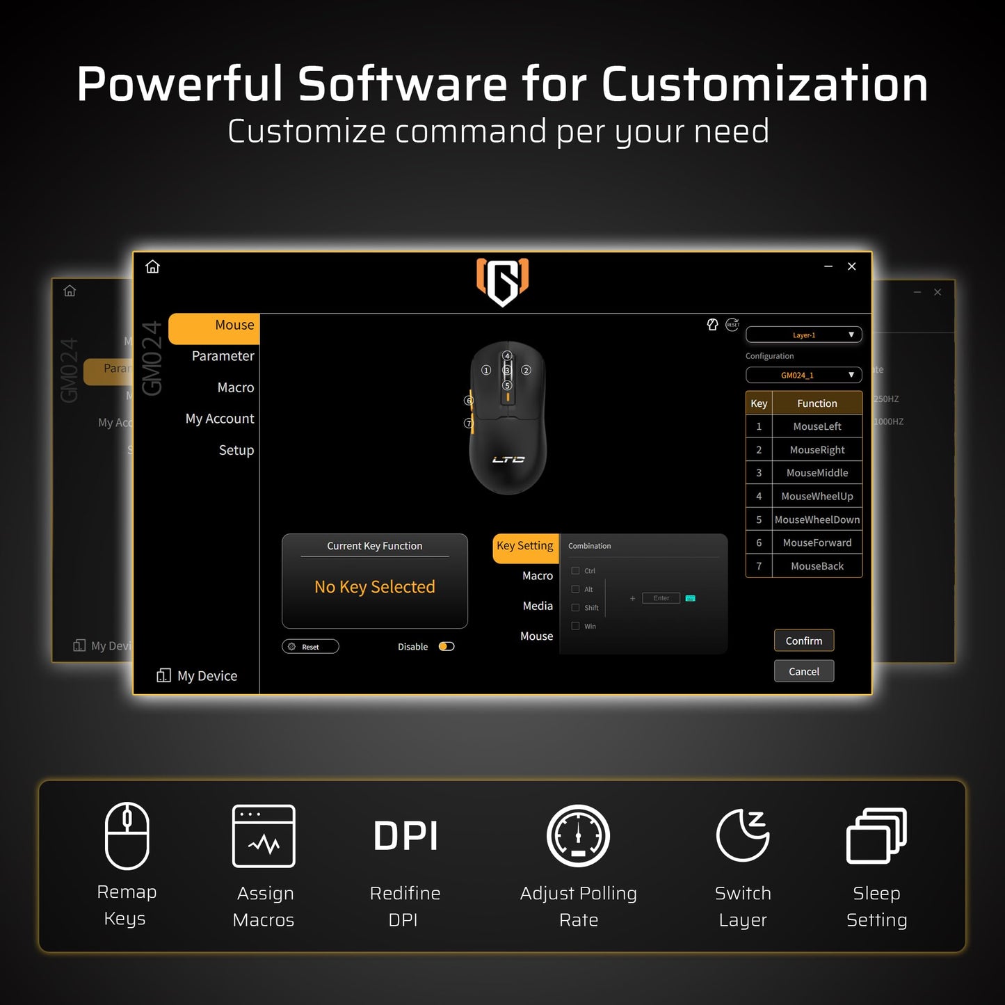 LTC GM024 Tri-Mode Wireless Gaming Mouse - 59g Ultra-Light, 2.4GHz/BT/Wired, 8000 DPI, 5 Programmable Buttons, Black