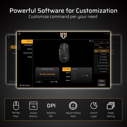 LTC GM024 Tri-Mode Wireless Gaming Mouse - 59g Ultra-Light, 2.4GHz/BT/Wired, 8000 DPI, 5 Programmable Buttons, Black