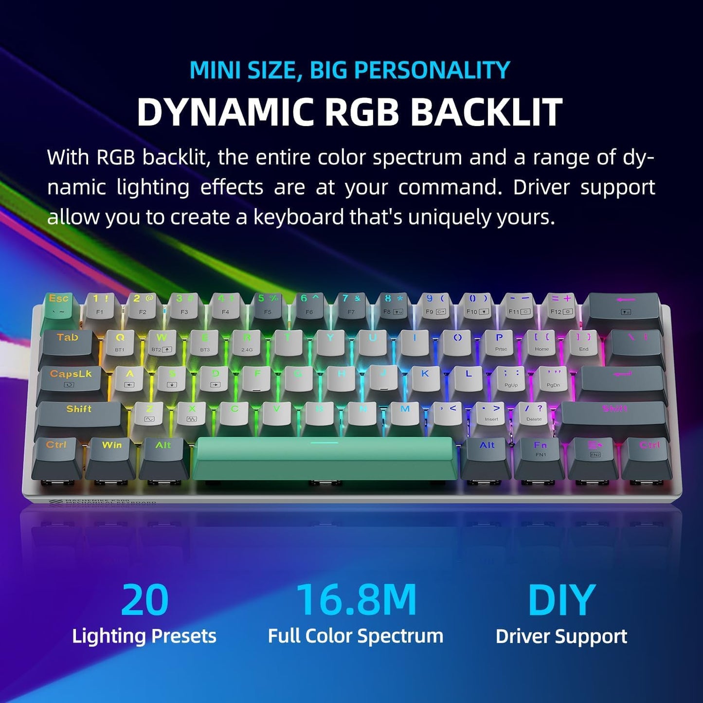 Machenike K500A-B61W Wireless Mechanical Gaming Keyboard, 61 Keys, Hot Swappable Red Switch, RGB Backlit, White