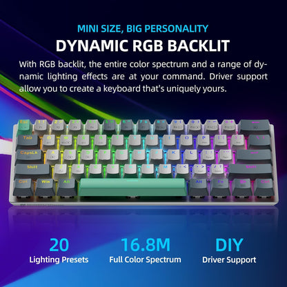 Machenike K500A-B61W Wireless Mechanical Gaming Keyboard, 61 Keys, Hot Swappable Red Switch, RGB Backlit, White