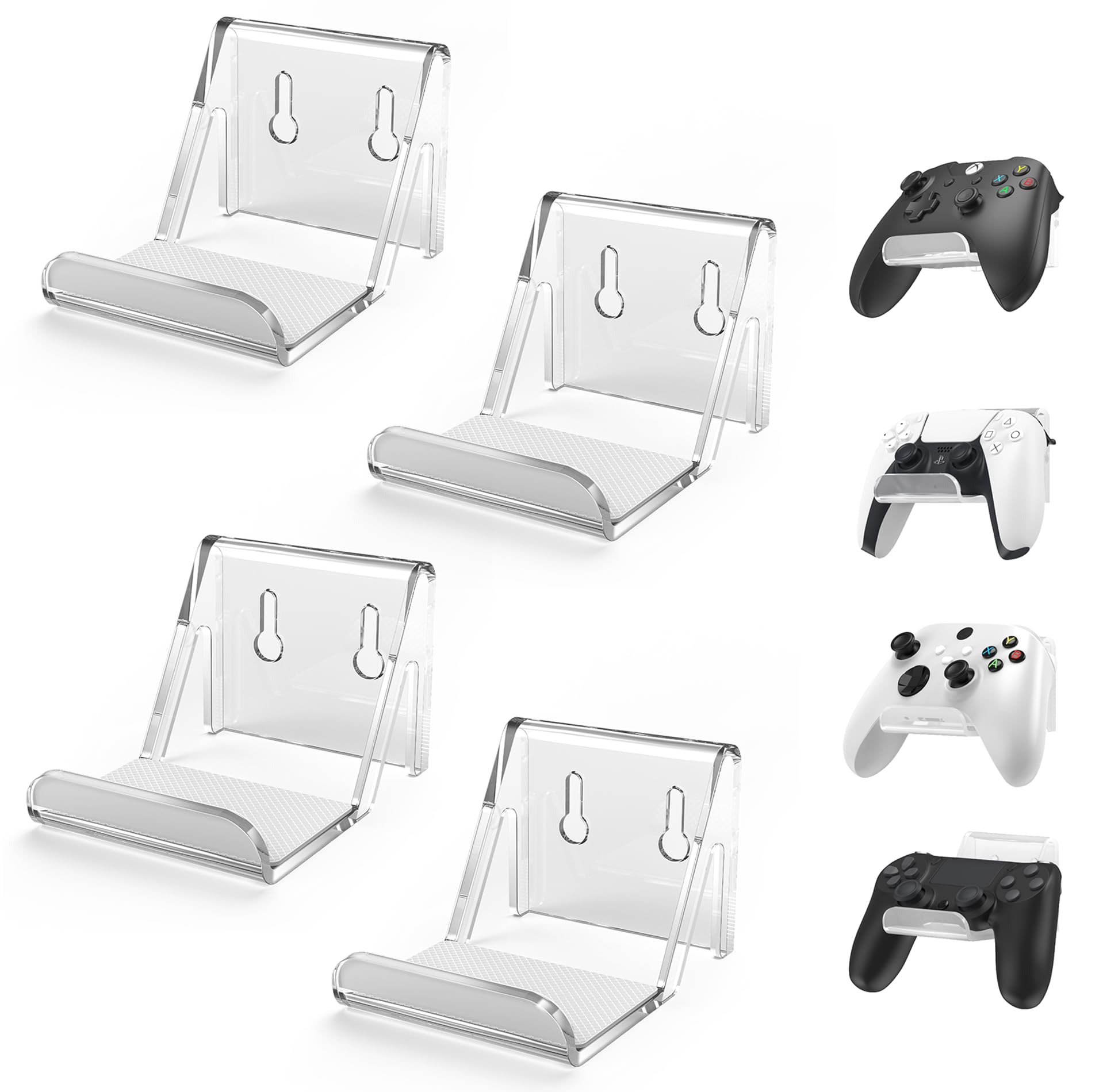 6amLifestyle 4 Pack Controller Holder Stand with Anti-Slip Pads for PS5 PS4 Xbox One Switch Pro Gamepad Controller Wall Mount Adhesive/Screws  Universal Hanger Hook Accessories  Acrylic Clear