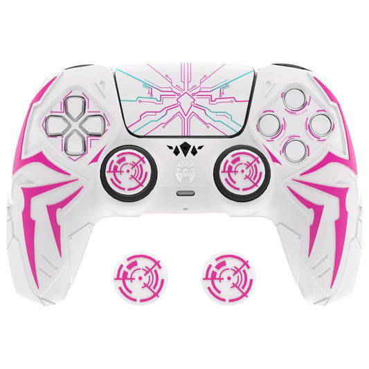 PlayVital Design for ps5 Controller Silicone Case with 2 Thumb Grips and 6 Sticker  Cyber Spider Design  Anti-Slip Shockproof Controller Cover Skin  Fits for Charging Dock  White & Pink