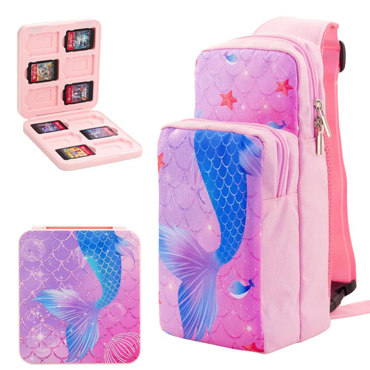 GLDRAM Mermaid Switch Travel Bag Bundle, Cute Carrying Case Compatible for Nintendo Switch 2 & NS /Lite/OLED, Purple Shoulder Ba