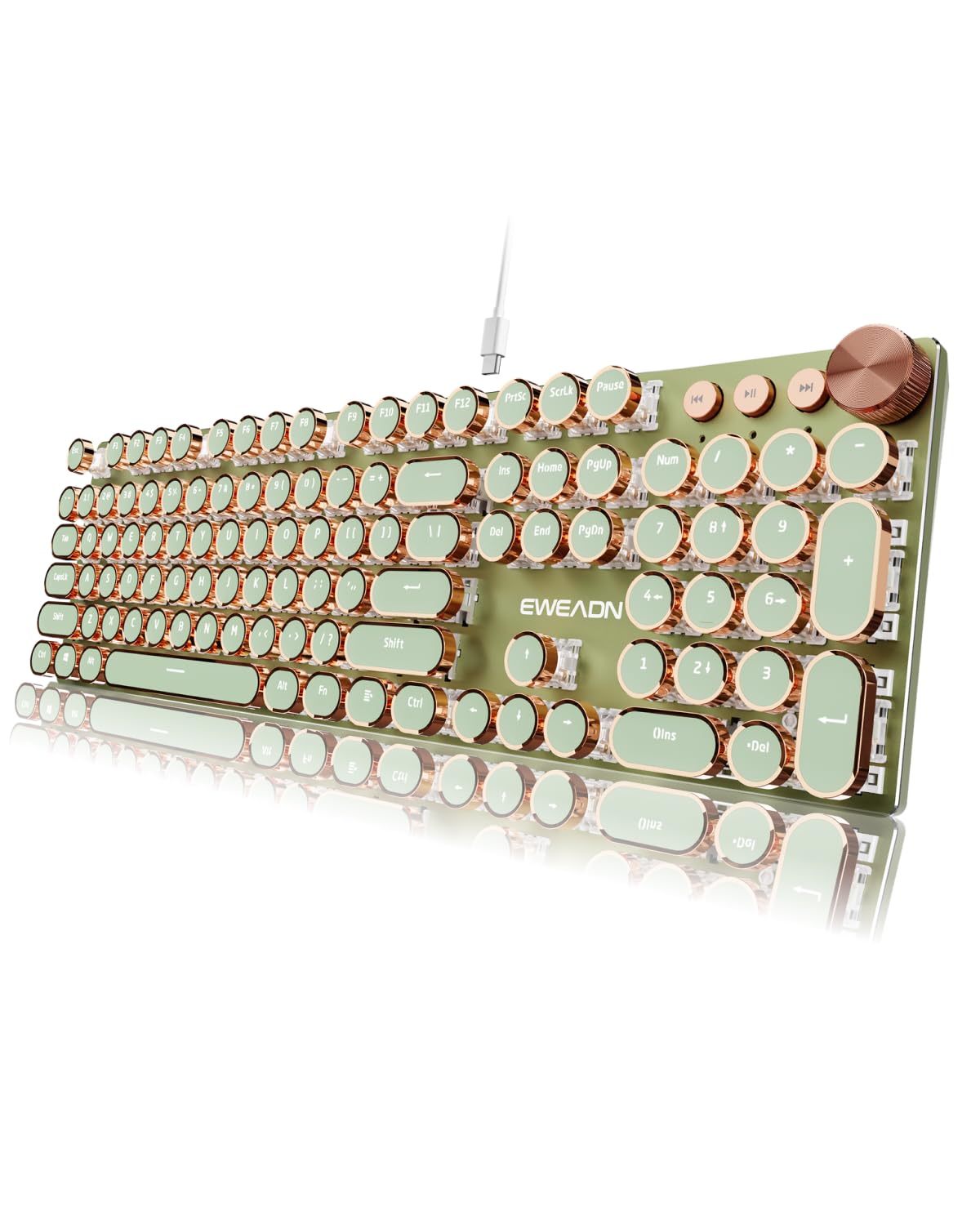 EWEADN Typewriter Style Mechanical Keyboard  Wired Typewriter Keyboards 104 Keys Backlit LED Metal Keyboards  Media Control Knob  Wired Computer Keyboard Pink Switch for Windows/Mac/PC-Green