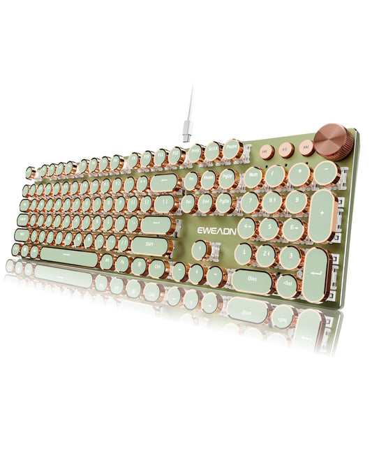 EWEADN Typewriter Style Mechanical Keyboard  Wired Typewriter Keyboards 104 Keys Backlit LED Metal Keyboards  Media Control Knob  Wired Computer Keyboard Pink Switch for Windows/Mac/PC-Green