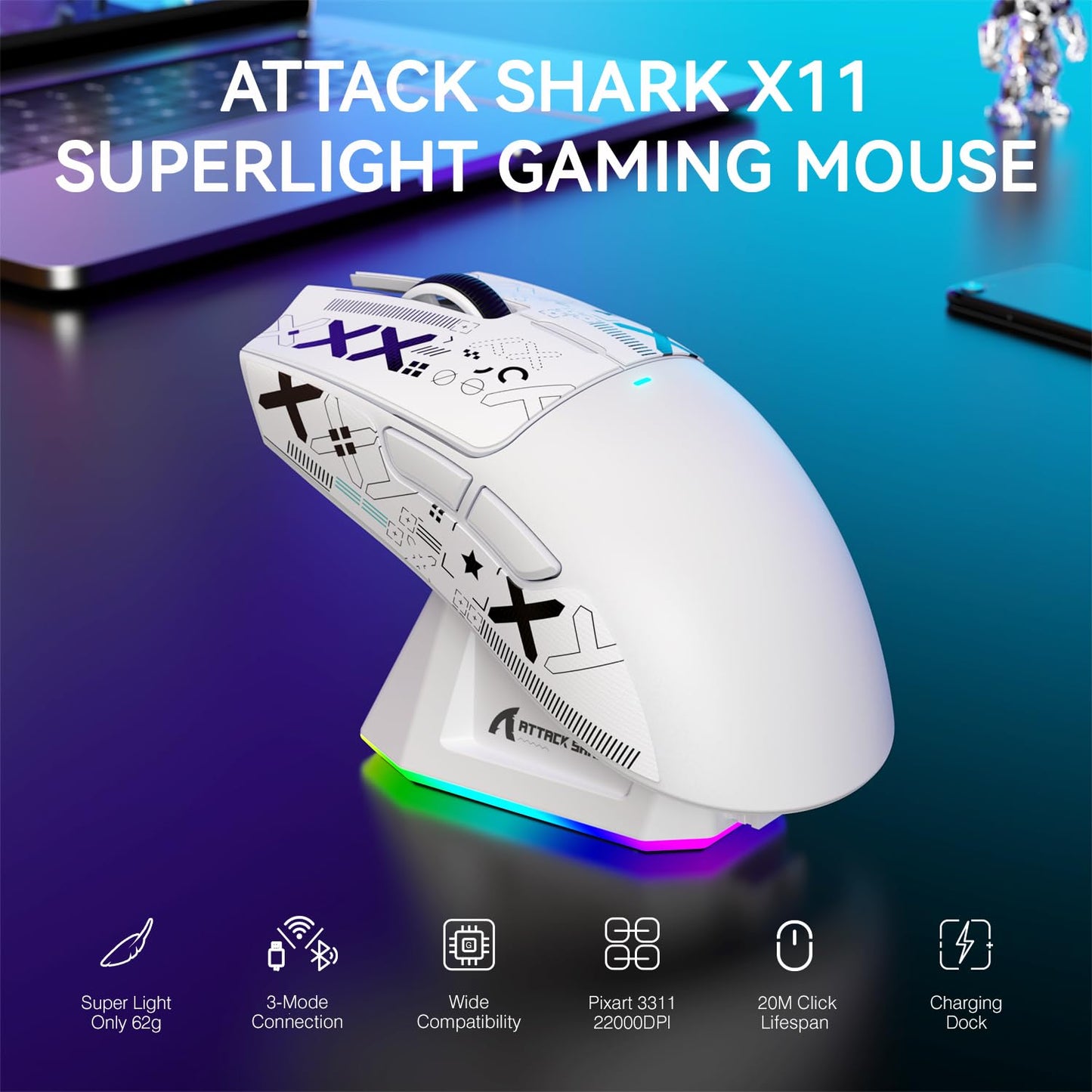 ATTACK SHARK X11 Lightweight Wireless Gaming Mouse - RGB Dock, 22K DPI, Tri-Mode, White with Anti-slip Sticker