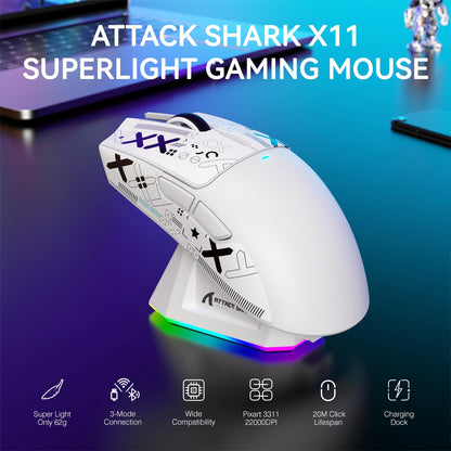 ATTACK SHARK X11 Lightweight Wireless Gaming Mouse - RGB Dock, 22K DPI, Tri-Mode, White with Anti-slip Sticker