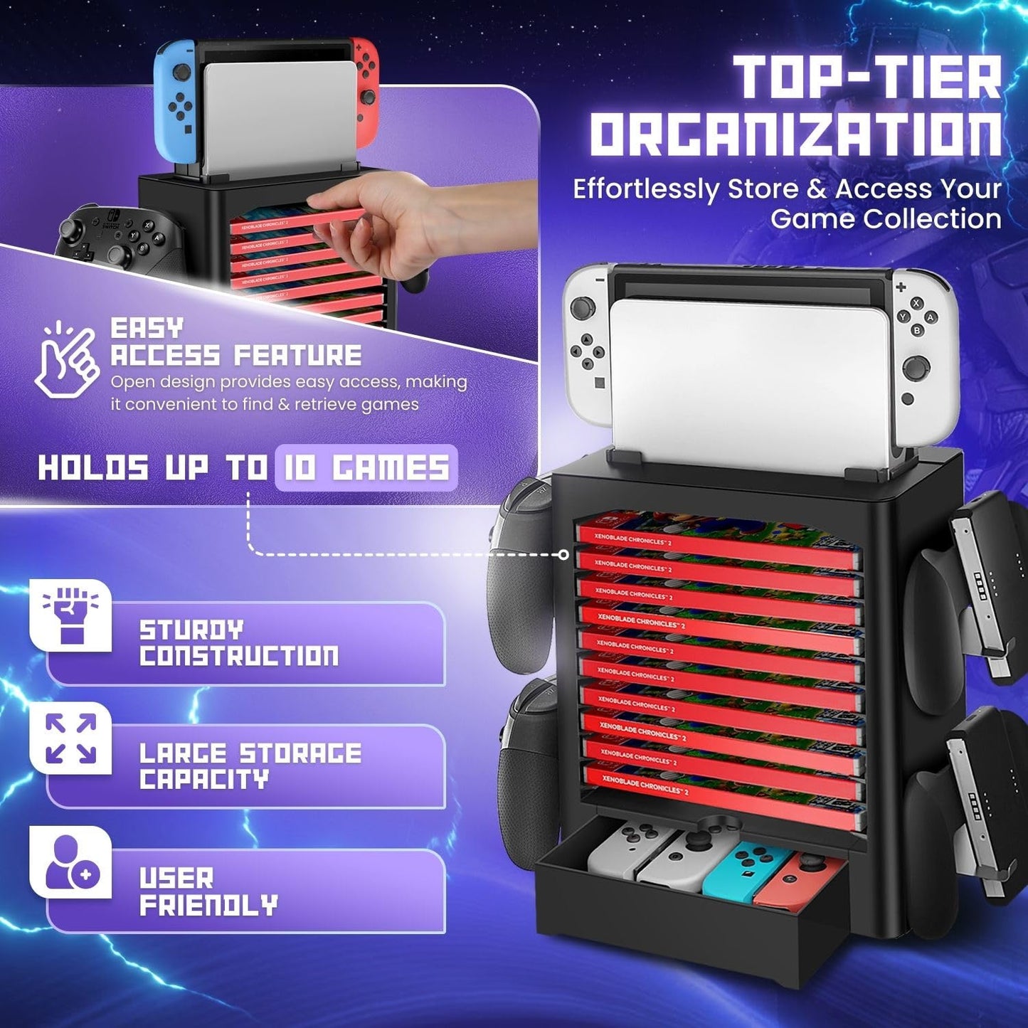 TNP Products Nintendo Switch Storage Tower - Game Organizer with 10 Cases, 4 Controller Racks, Joy-con Drawer - Black, Model NDSWT_STRG_TWR_10T