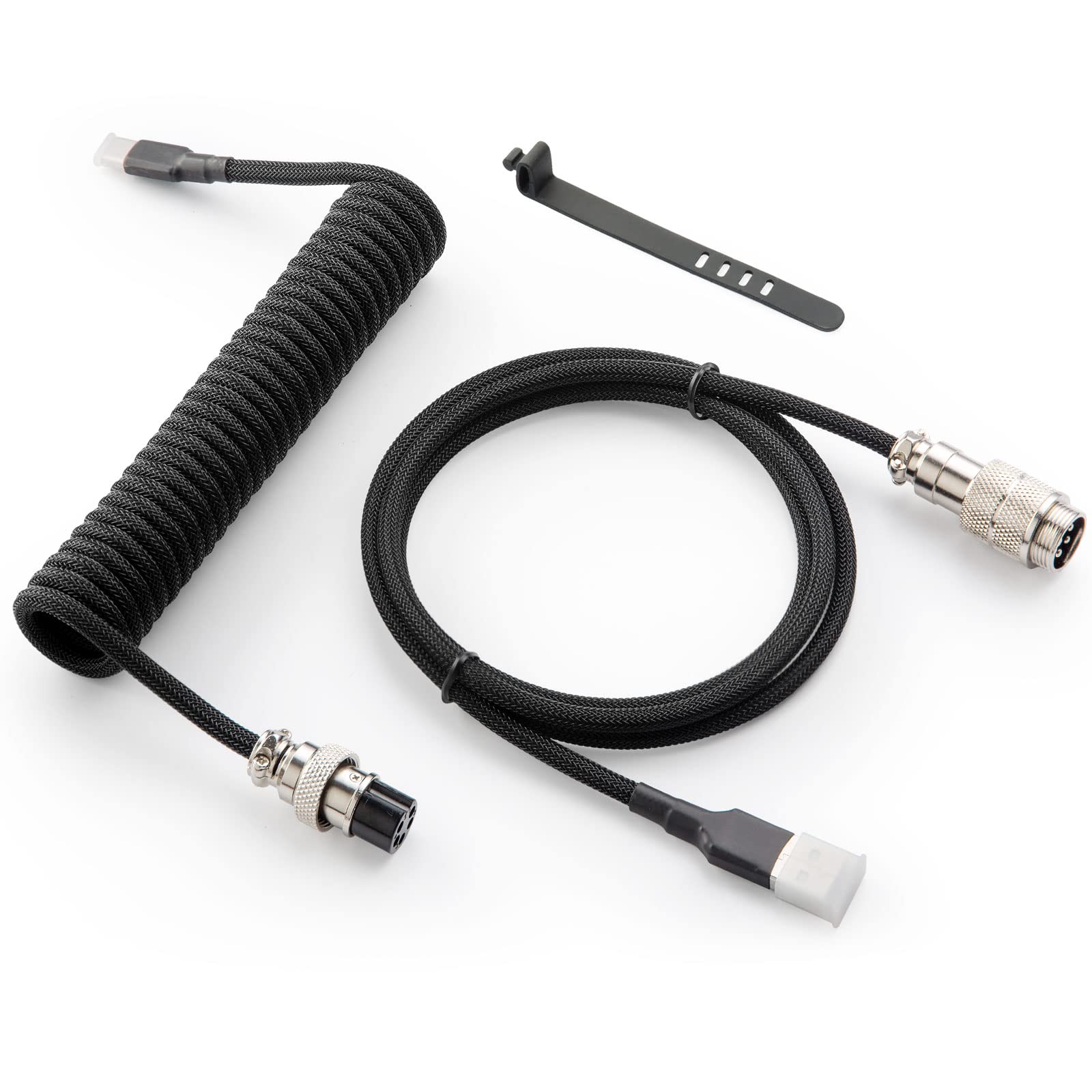 toolMjo Pro Custom Coiled USB C Cable for Gaming Keyboard  Double-Sleeved Mechanical Keyboard Cable with Detachable Metal Aviator  1.5M USB-C to USB-A  Classic Black Color