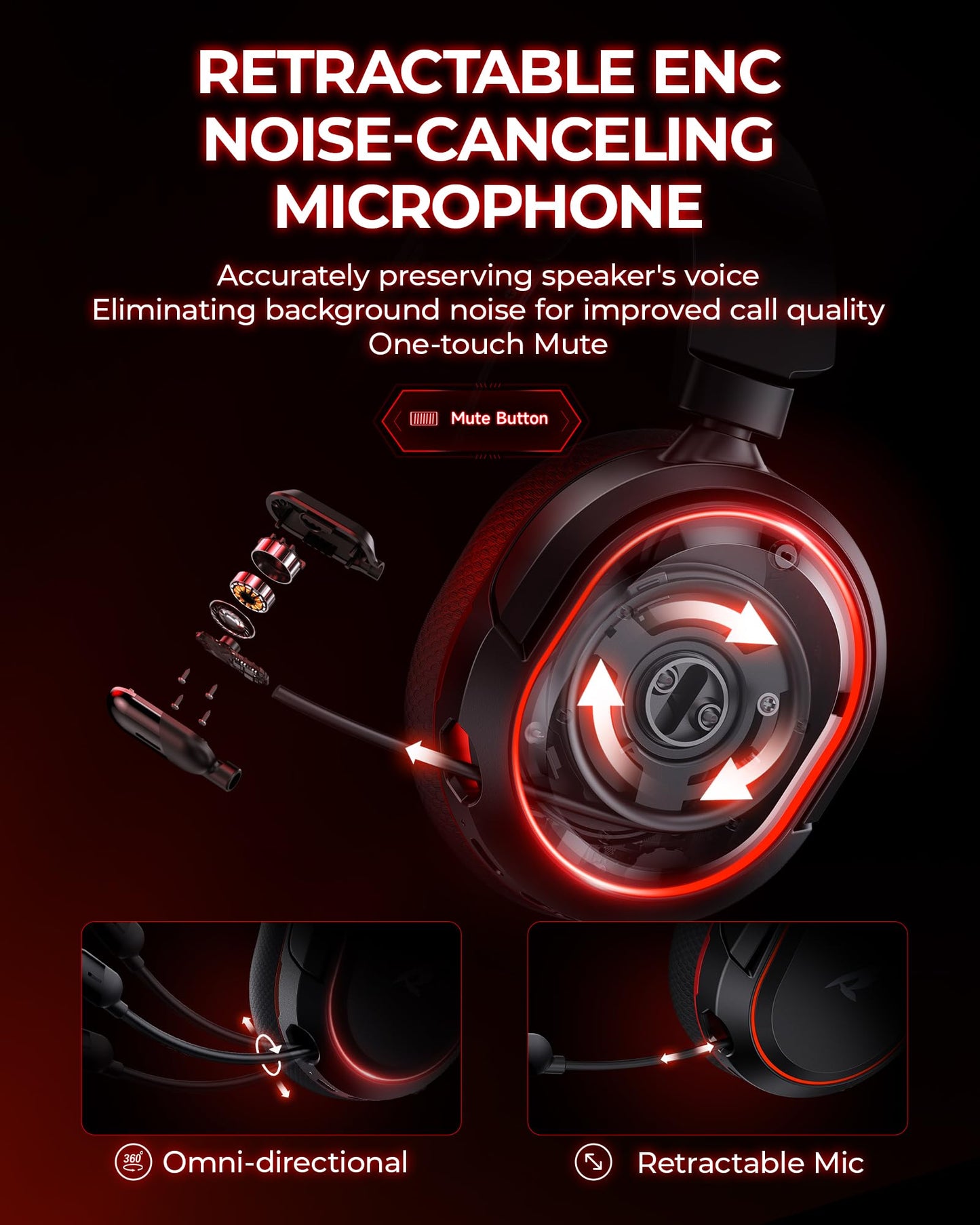 Valorise Wireless Gaming Headset - 7.1 Surround Sound, 100-Hr Battery, Noise Canceling Mic, Adjustable, Black-Red, Model UG-08S-001