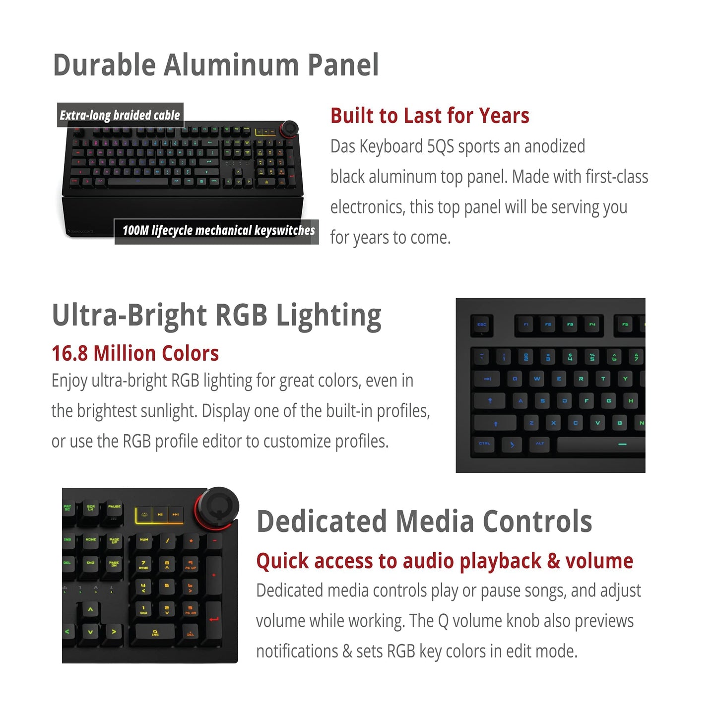Das Keyboard 5QS RGB Mechanical Keyboard - Soft Tactile Switches, 104 Keys, Aluminum Top, Volume Knob, Black