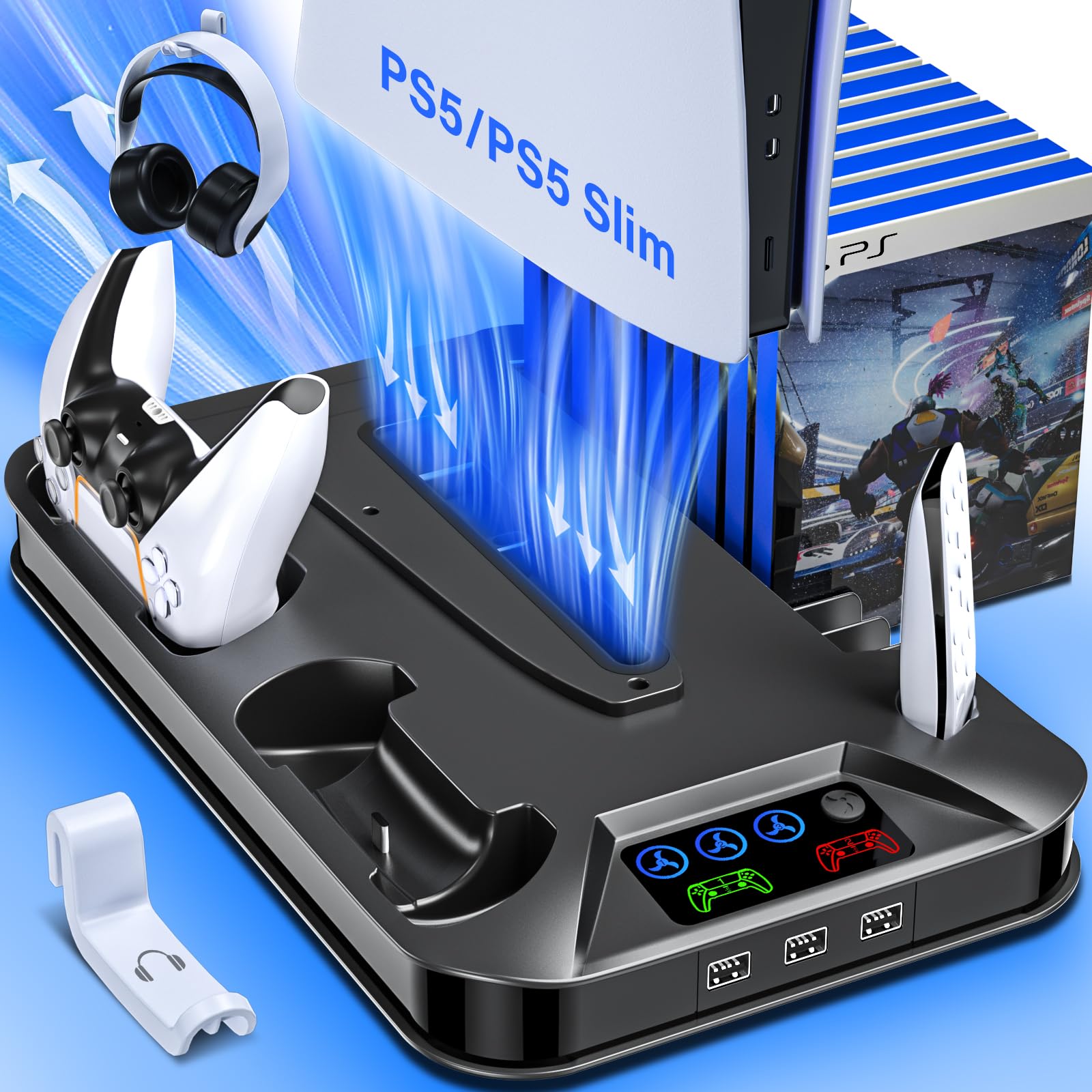 PS5/PS5 Slim Cooling Station with Controller Charging Station for PlayStation 5 Slim&Standard Disc/Digital Console  PS5 Slim Stand Cooler Accessories Incl Cooling Fan/3 USB Hubs/Headset Holder-Black