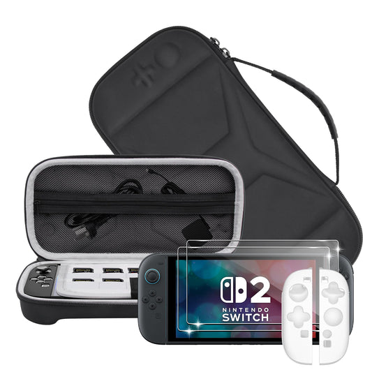 Suttkue Carrying Case for NS Switch 2 - Black Hard Shell Handbag with 2 Tempered Films & Transparent Handle