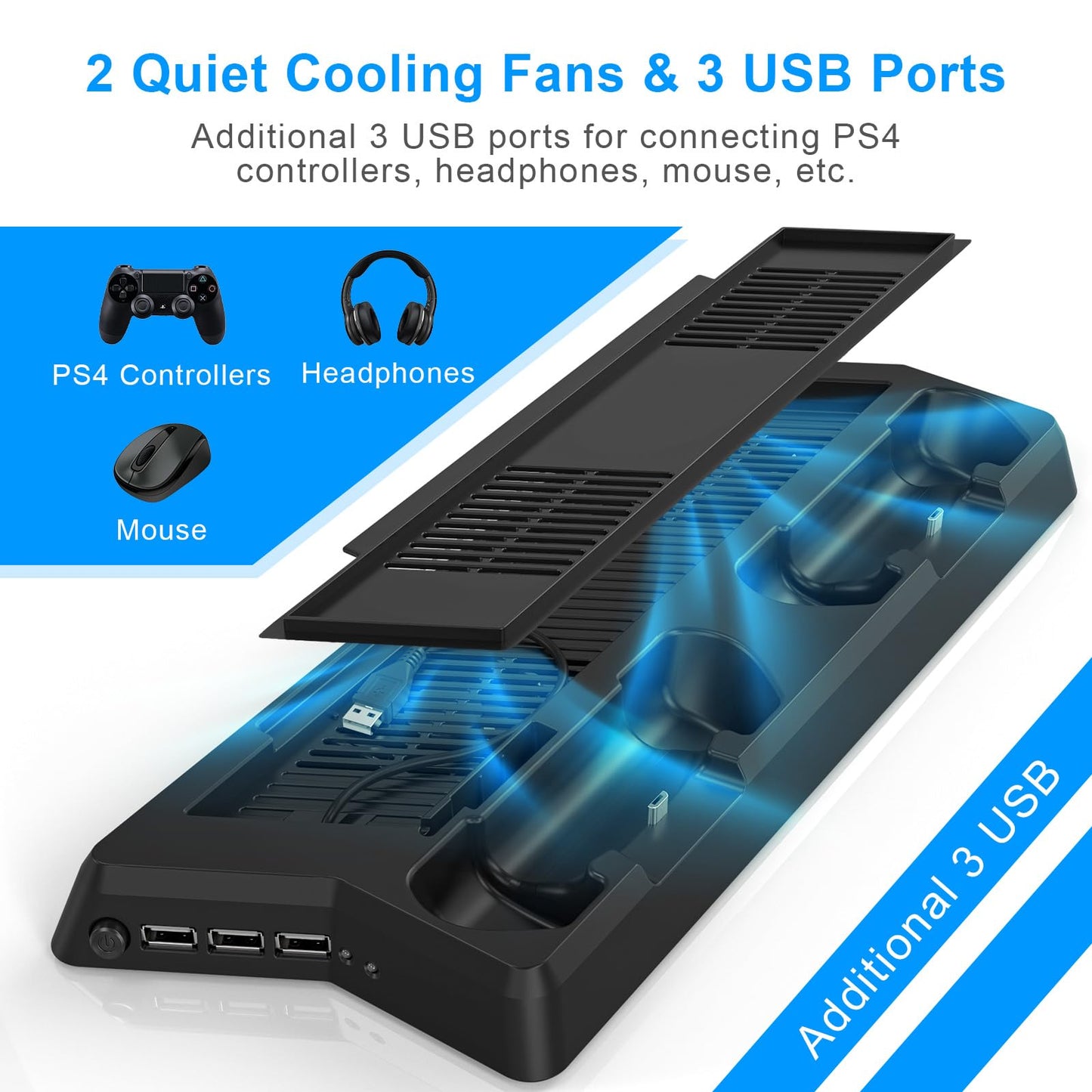 KEKUCULL PS4 Controller Charger Station with Dual Dock, Cooling Fan, 3 USB Ports - Black, for PlayStation4/PS4Slim