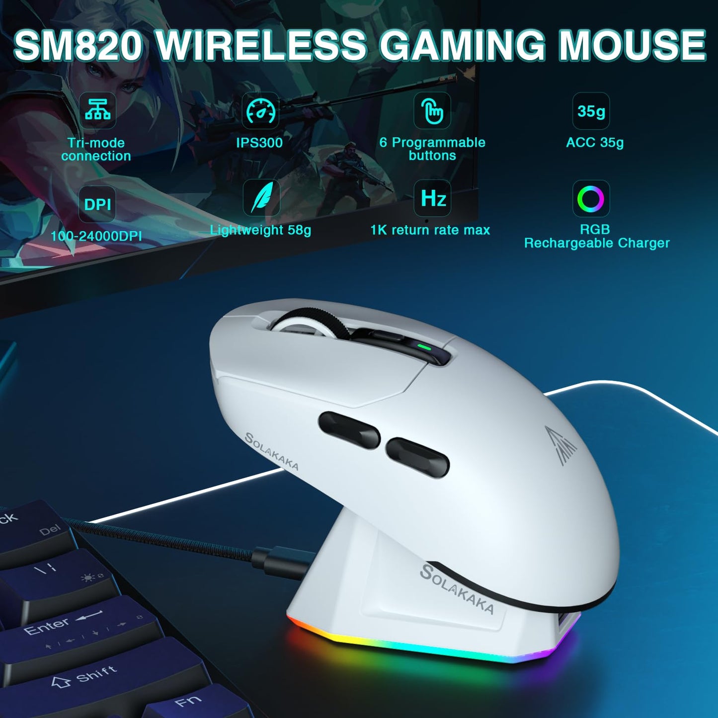 SOLAKAKA SM820 Wireless Gaming Mouse - 24000 DPI, RGB Charging Dock, Programmable Macro, White
