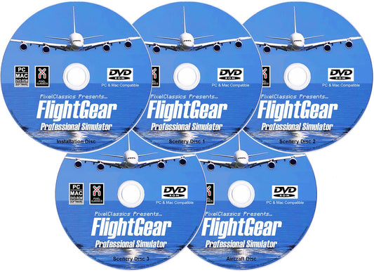 FlightGear Flight Simulator 2023 X fine DELUXE Edition Flight Sim 5 Disc DVD CD Set Compatible with Microsoft Windows 11 10 8.1 8 7 Vista PC & Mac OS | 600+ Aircraft & FULL Worldwide Scenery!