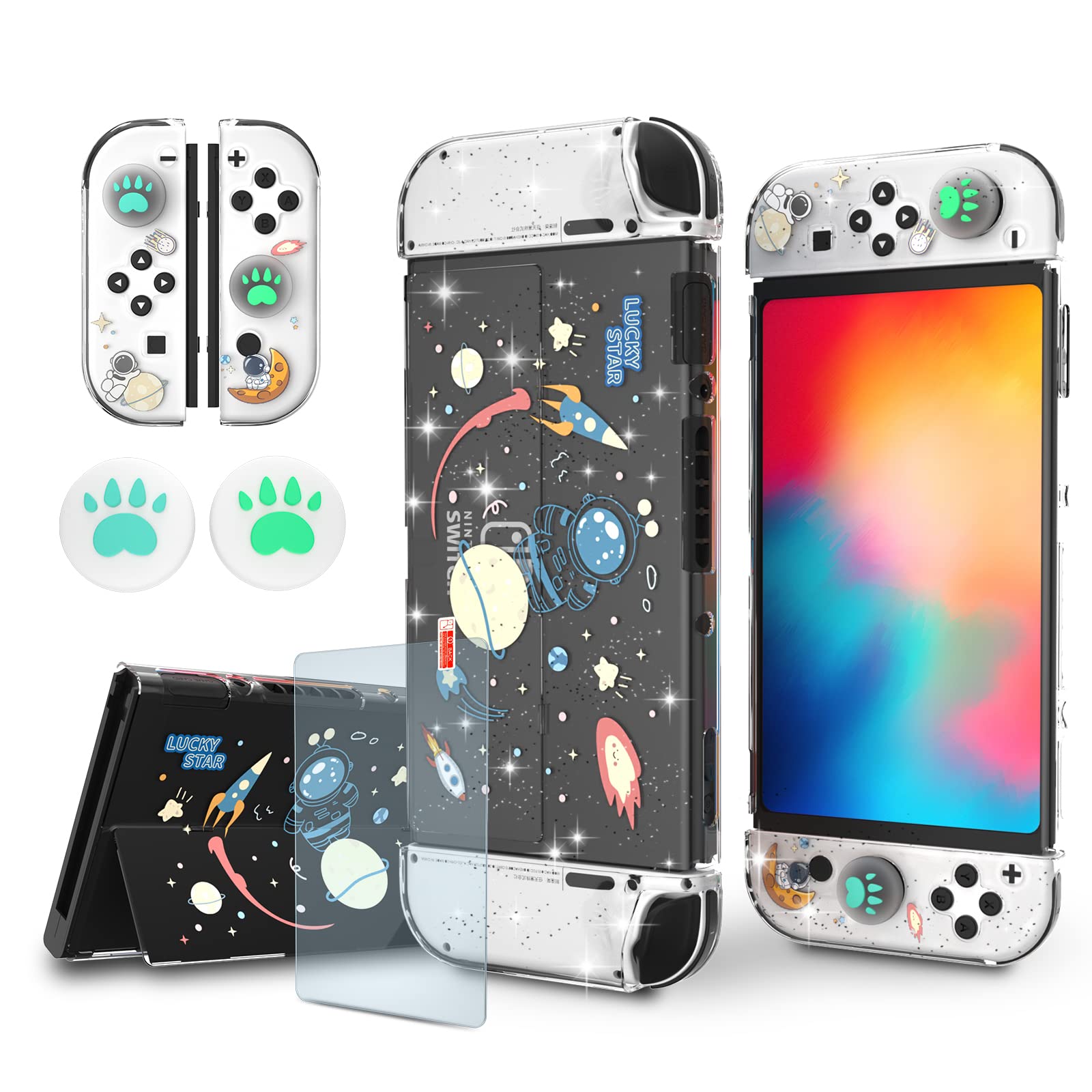 NANANINO Switch OLED Protective Case - Space Theme, Plastic, with Tempered Glass Screen Protector & Thumb Grip Caps