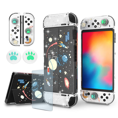 NANANINO Switch OLED Protective Case - Space Theme, Plastic, with Tempered Glass Screen Protector & Thumb Grip Caps