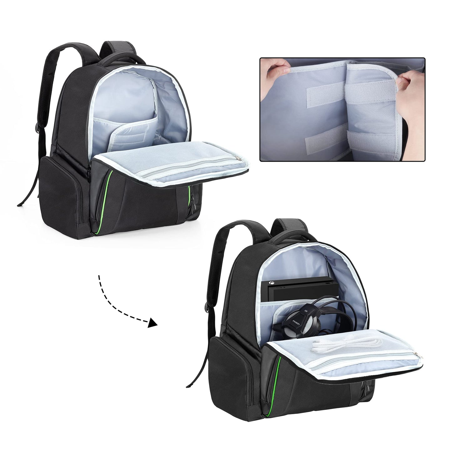 CURMIO Travel Backpack for Xbox Consoles and Accessories - Green Stripe, Carrying Case (Bag Only)