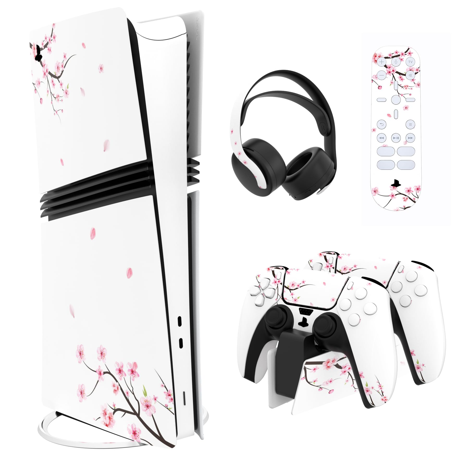 PlayVital PS5 Pro Skin Full Set - Protective Vinyl Decal, Falling Cherry Blossom, for Console, Controller, Headset, Charging Station