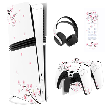PlayVital PS5 Pro Skin Full Set - Protective Vinyl Decal, Falling Cherry Blossom, for Console, Controller, Headset, Charging Station