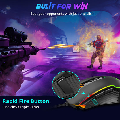 Redragon M910-K Wired Gaming Mouse, 8000 DPI, RGB Backlit, 9 Programmable Buttons, Black