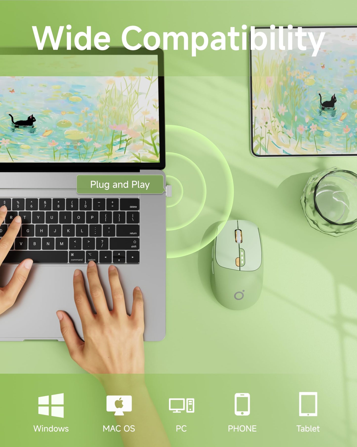 SEUNKWANG Q5 Wireless Mouse - Bluetooth & 2.4G, 1600 DPI, Ergonomic, Quiet, Green