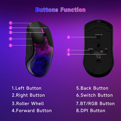 FFJ Master02 Wireless Gaming Mouse - 12000 DPI, Tri-Mode, RGB Backlit, 6 Programmable Buttons, Black