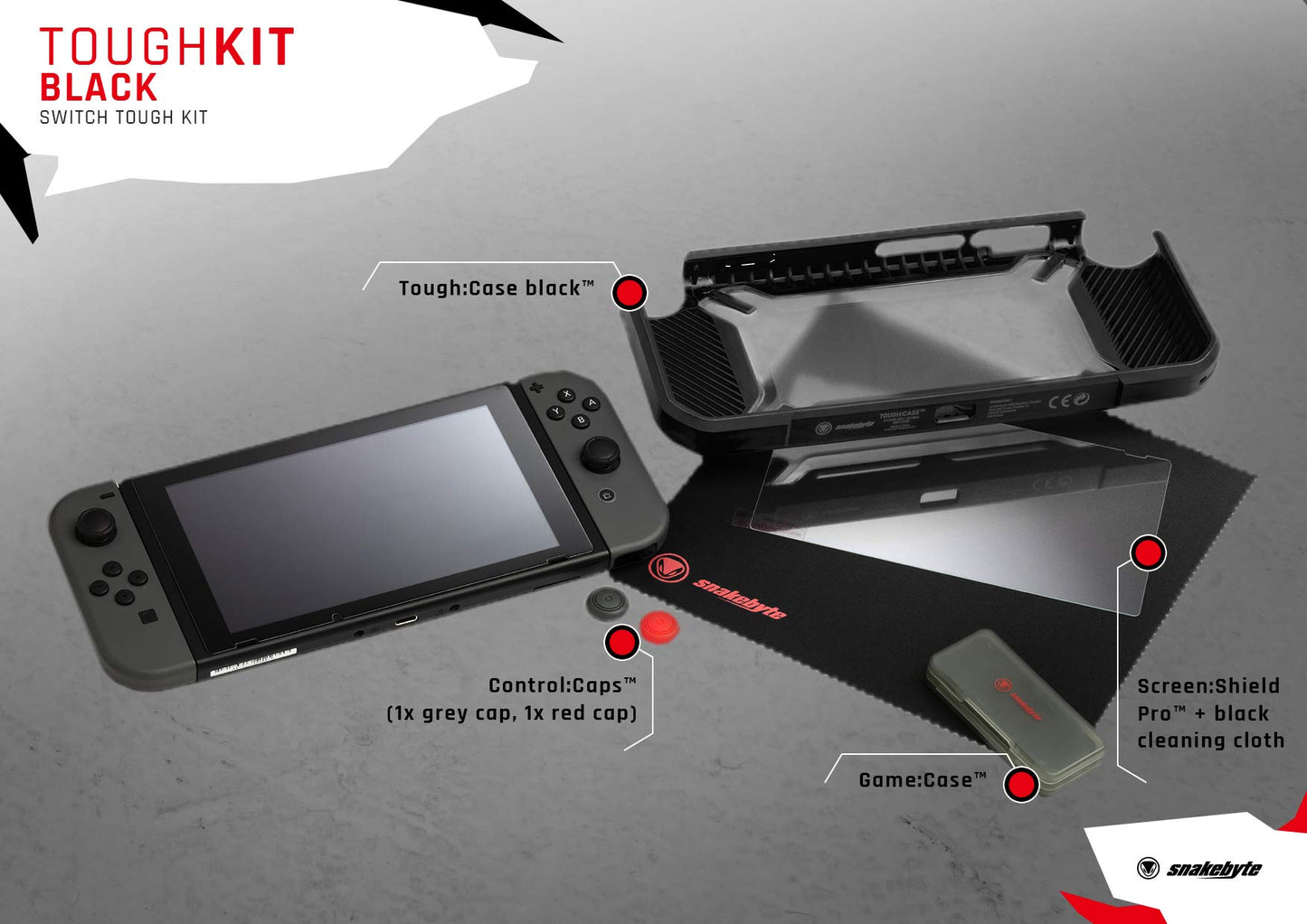 Snakebyte Tough Kit - Accessory Set for Nintendo Switch - Black - Includes Hard Case, H9 Glass Protector, Cleaning Cloth, Thumb Grips