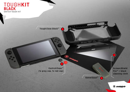 Snakebyte Tough Kit - Accessory Set for Nintendo Switch - Black - Includes Hard Case, H9 Glass Protector, Cleaning Cloth, Thumb Grips