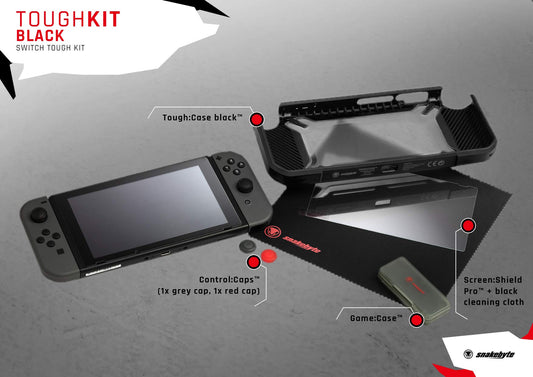 Snakebyte Tough Kit - Accessory Set for Nintendo Switch - Black - Includes Hard Case, H9 Glass Protector, Cleaning Cloth, Thumb Grips