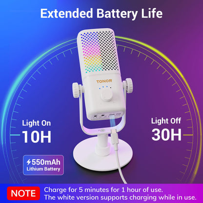 TONOR RGB Gaming Microphone with Gain Control, Quick Mute, 30H Battery Life, 7.48x5.31x4.53IN, White, Model TCX3