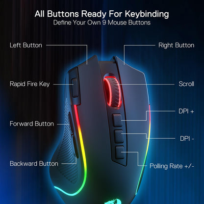 Redragon M612 PRO RGB Gaming Mouse - 8000 DPI, Wired/Wireless, 9 Programmable Buttons, 7 Backlit Modes, Black