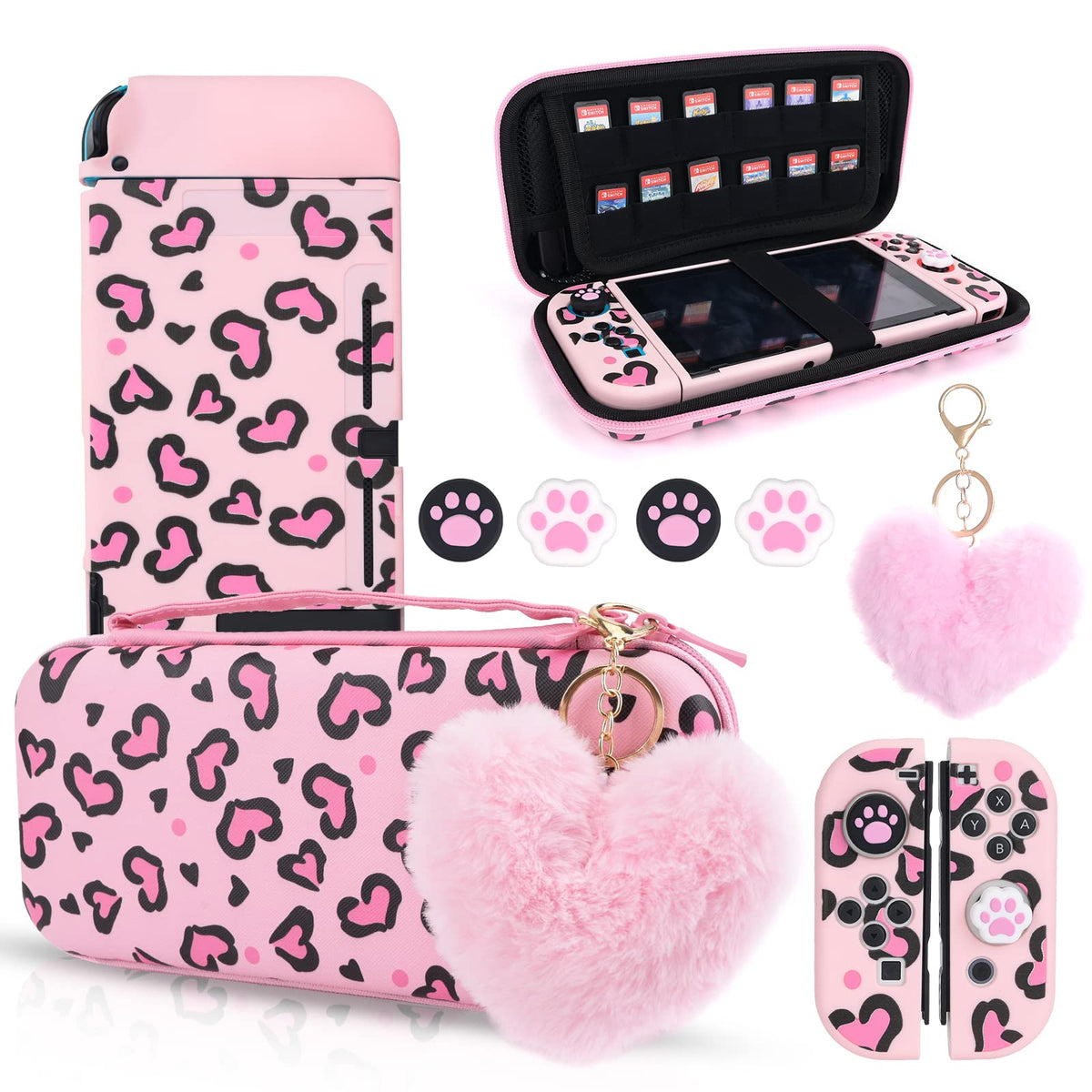 DLseego Pink Love Leopard Carrying Case for Switch  Cute Silicone Protective Case Soft Cover with 4PCS Thumb Grip Caps and Pink Plush Heart Pendant Hard Storage Case Accessories Kit Bundle for Girls