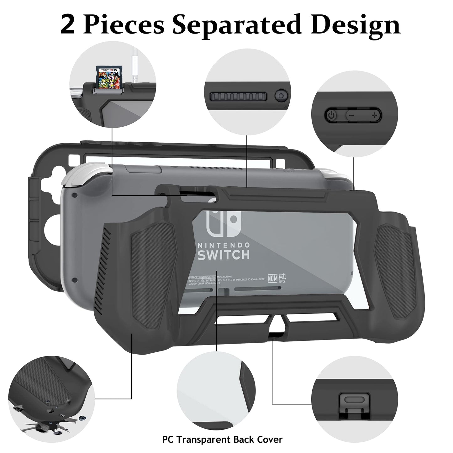 Kailfee Protective Case for Nintendo Switch Lite, TPU Shock-Absorption, Built-in Screen Protector, Black, Large